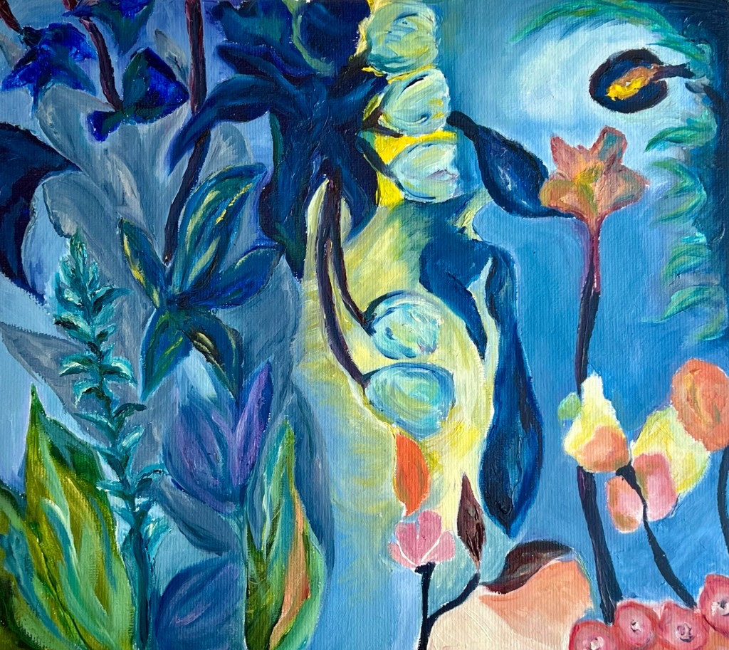 Secret Garden — blue botanical oil painting