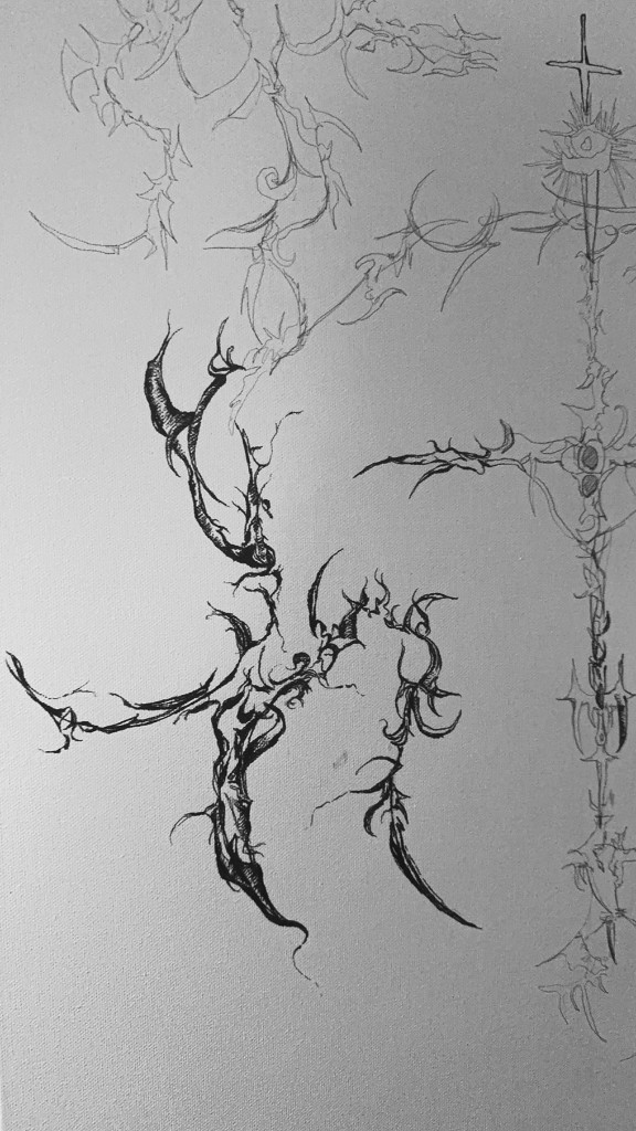 Totem drawing in marker on canvas board