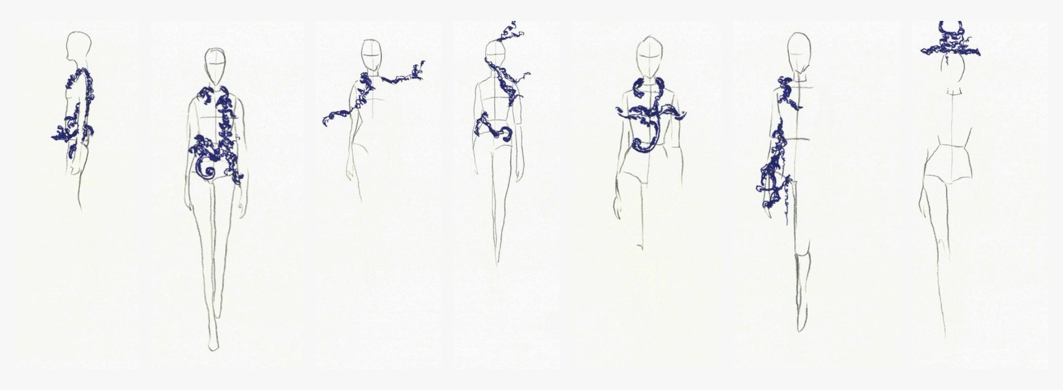 Seven form studies for The Rhythm on fashion croquis